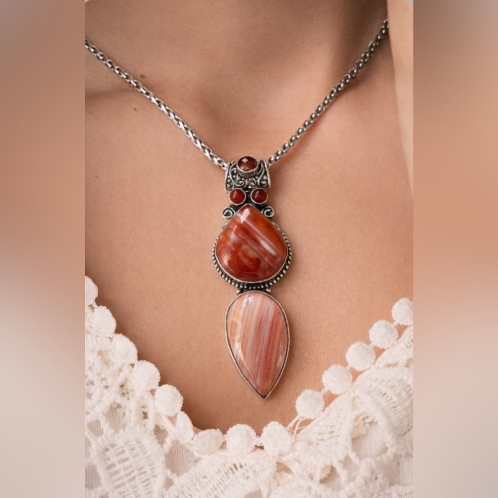 Indian Statement Piece - Carnelian and Agate Druzy .925 Stamped Pendant Necklace